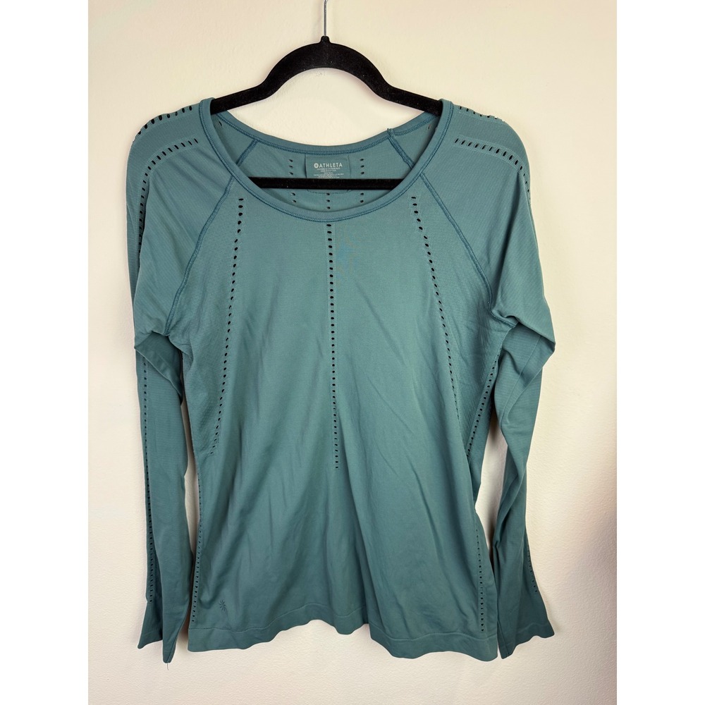 Athleta Womens Teal Blue Seamless Laser Cut Ventilation Long Sleeve Top Large